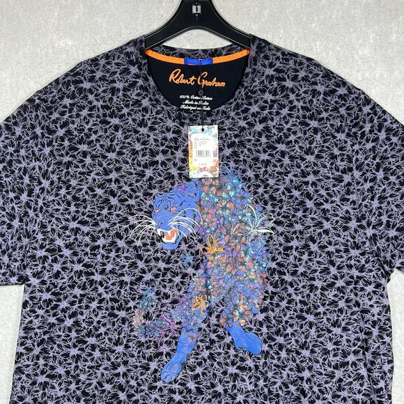 Robert Graham Shirt Men’s 2XL Floral Embroidered Tiger Short Sleeve Artful NWT! - Picture 2 of 12